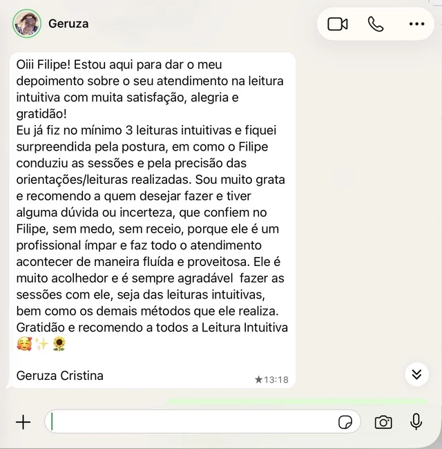 Print da mensagem de WhatsApp da Geruza Cristina com o depoimento.